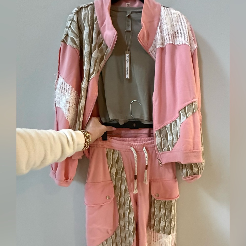 POL 2 piece Outfit, Pink, Cream, and Green Bomber Jacket and Pant, Size Medium - Picture 8 of 16